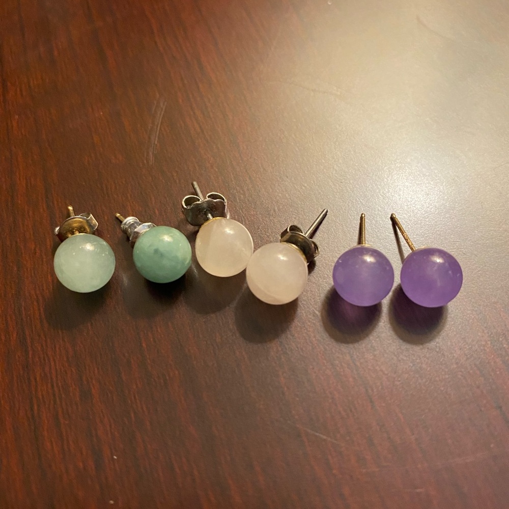 Jade Multicolor 3 Pair 14k Gold Earrings